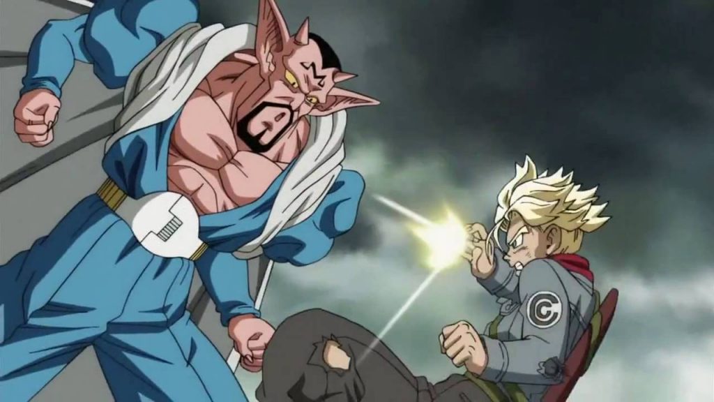 Super Saiyan 2 Future Trunks blocking Dabura’s spit attacks