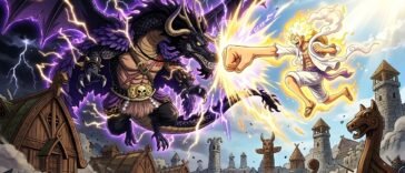 Loki vs Luffy Elbaph fight prediction in One Piece showing dragon vs Gear 5 battle.