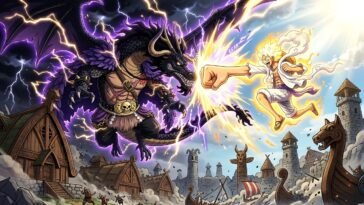 Loki vs Luffy Elbaph fight prediction in One Piece showing dragon vs Gear 5 battle.