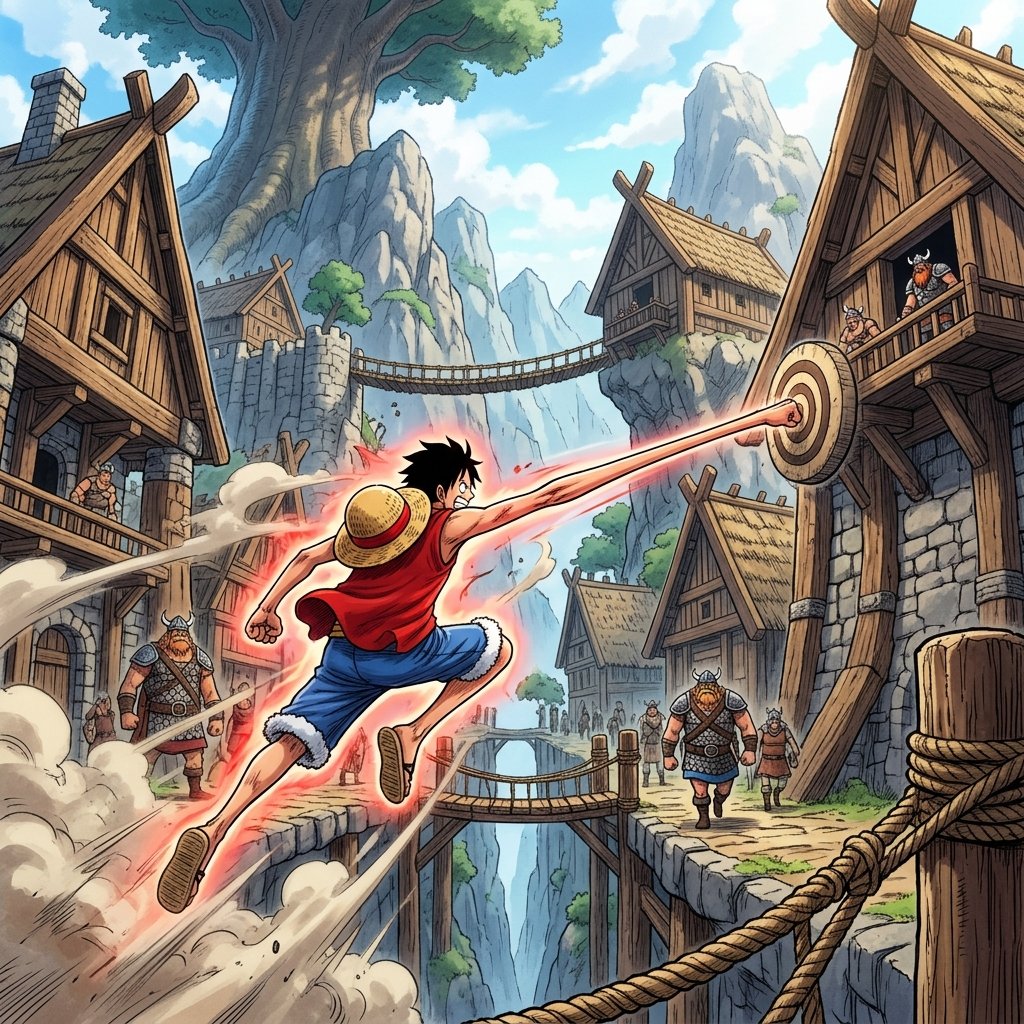 One Piece Elbaph Arc in ongoing manga 2026 showing Luffy power and giant setting.